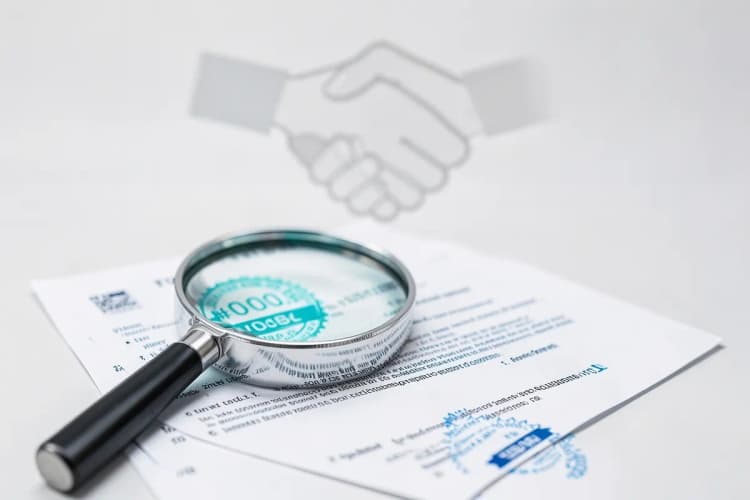 Uma lupa examinando um contrato com selos de aprovação e um aperto de mãos simbólico ao fundo.