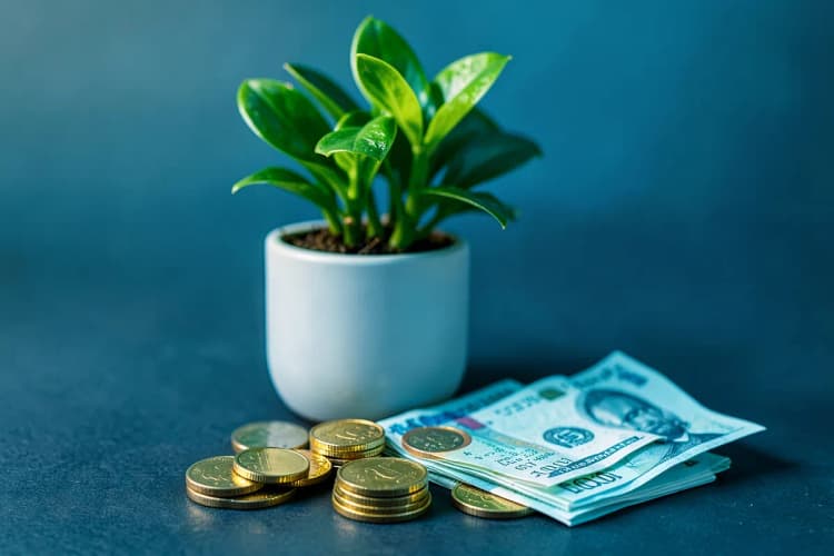 Moedas empilhadas e notas de dinheiro dobradas ao lado de uma planta crescendo em um vaso.