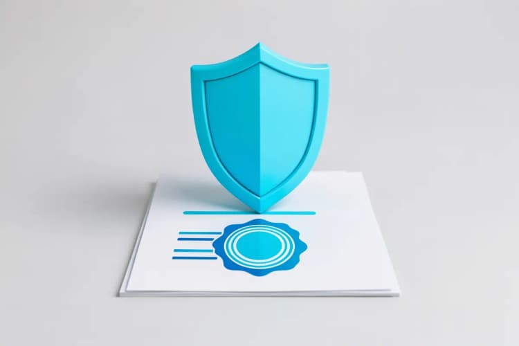 Um escudo estilizado protegendo um documento com um selo de verificação.
