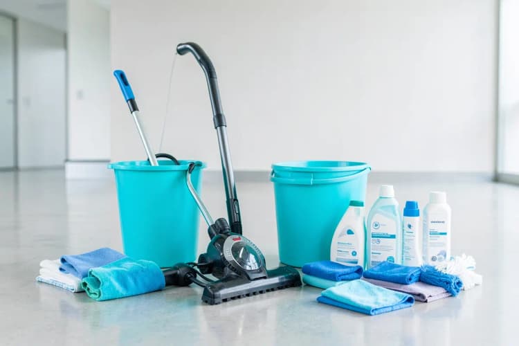 Um conjunto de ferramentas de limpeza profissional, como aspirador de pó, baldes, panos e produtos de limpeza, dispostos de forma organizada sobre um piso limpo, pronto para o uso.