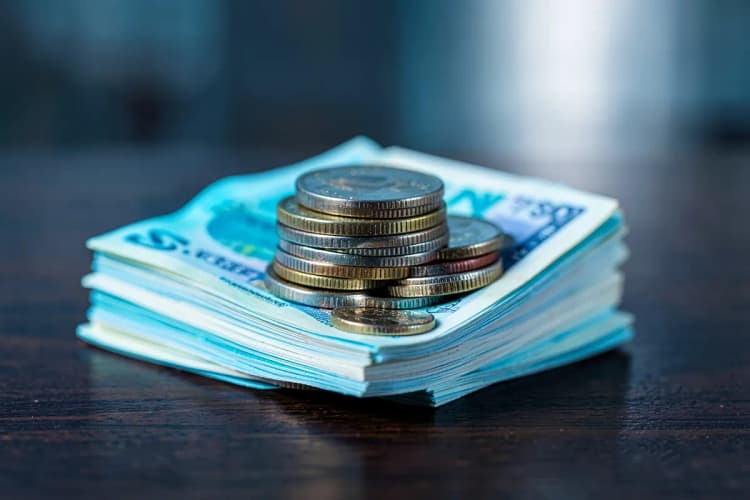 Uma pilha de moedas e notas de dinheiro em cima de uma superfície de madeira escura, com foco seletivo, representando o custo e o investimento em serviços de limpeza.