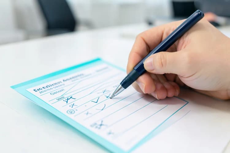 Um checklist sendo preenchido com uma caneta, com itens marcados como concluídos, simbolizando a avaliação e a garantia de qualidade dos serviços de limpeza.