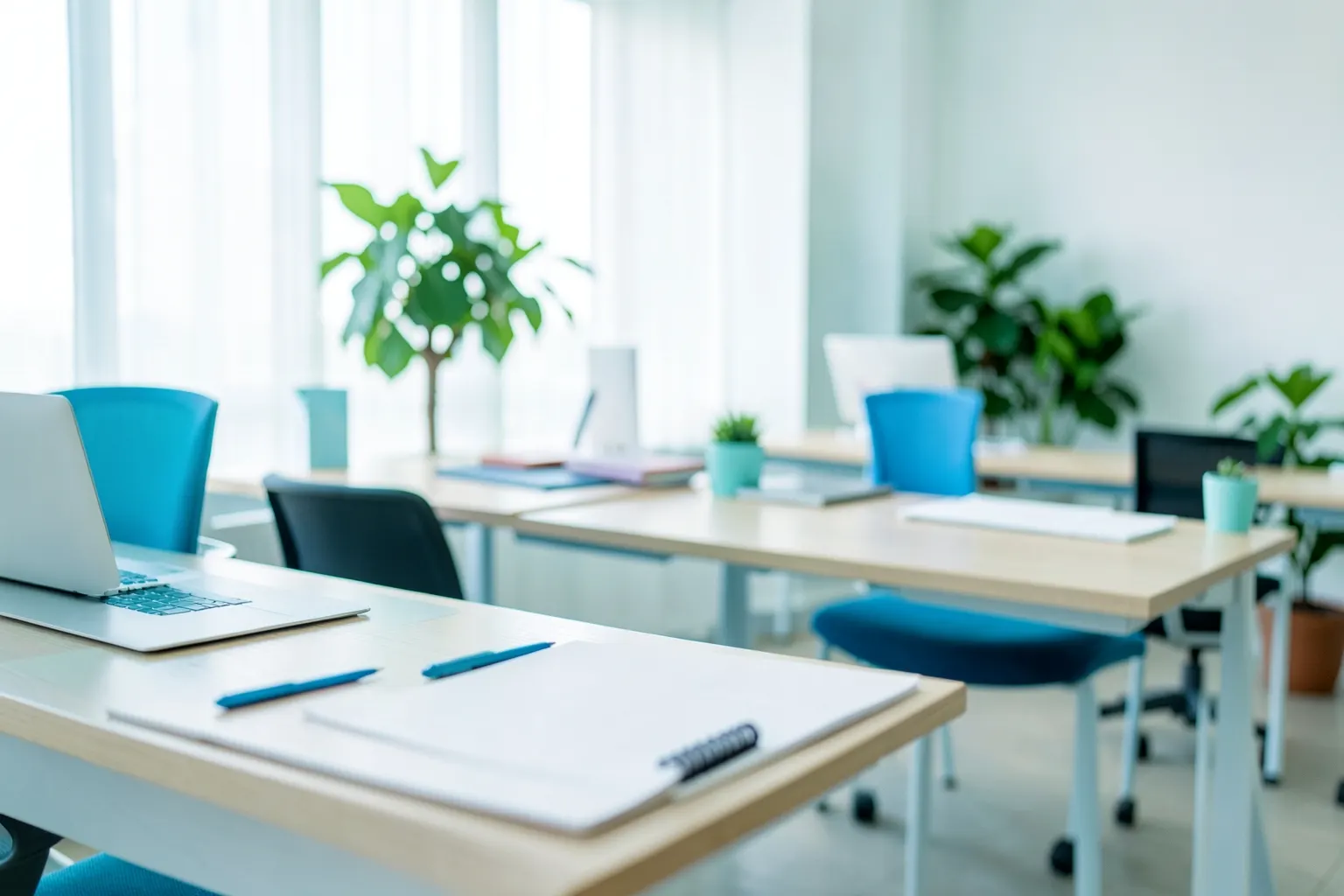 Uma sala de escritório moderna e bem iluminada, com mesas limpas e organizadas, e plantas verdes em vasos, sugerindo um ambiente de trabalho saudável e produtivo.