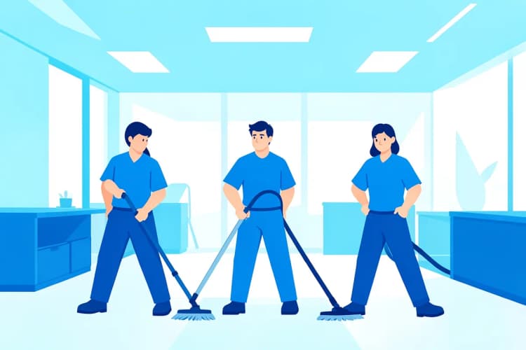 Um grupo de trabalhadores uniformizados limpando um escritório moderno durante o dia.