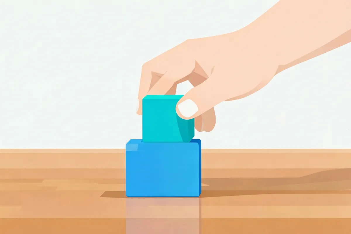 Uma pessoa organizando blocos de construção coloridos em uma mesa, representando crescimento e organização.