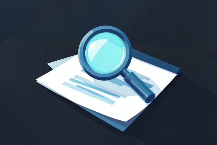 Uma lupa examinando um contrato em uma mesa de madeira escura.