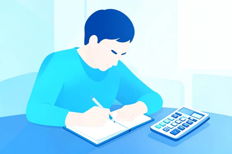 Pessoa anotando em um caderno com uma caneta, com uma calculadora ao lado.