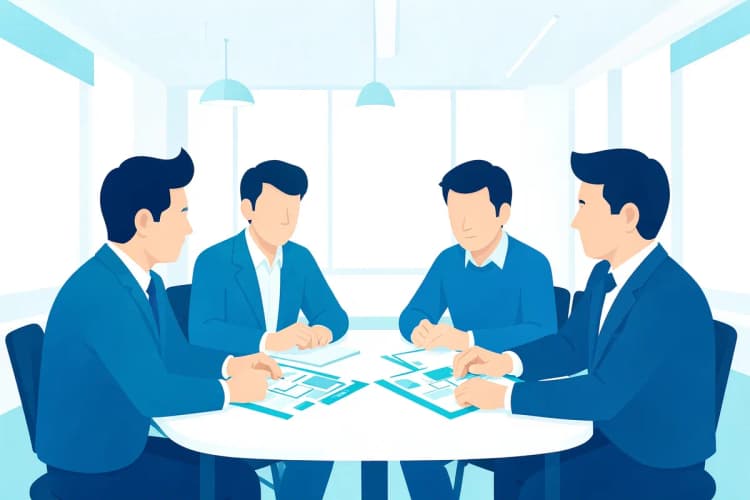 Equipe de gestão de propriedades reunida em volta de uma mesa discutindo planos.