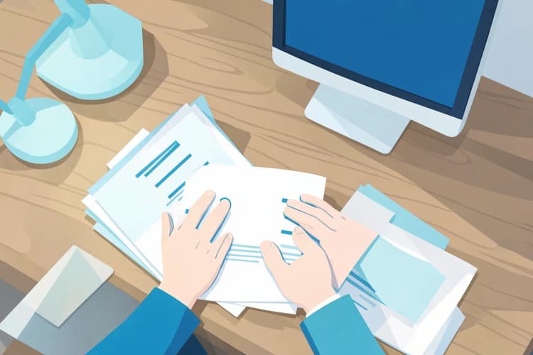 Uma pessoa organizando documentos em uma mesa de escritório com um computador ao fundo.