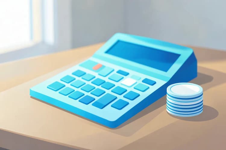Um close-up de uma calculadora e uma pilha de moedas em uma mesa.