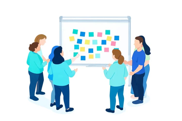 Pessoas em círculo discutindo ideias em um quadro branco com post-its coloridos
