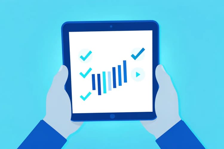 Mãos segurando um tablet exibindo um gráfico de progresso com ícones de checkmark