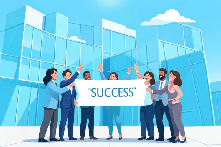 Equipe celebrando em frente a um prédio de escritórios moderno com um banner de sucesso