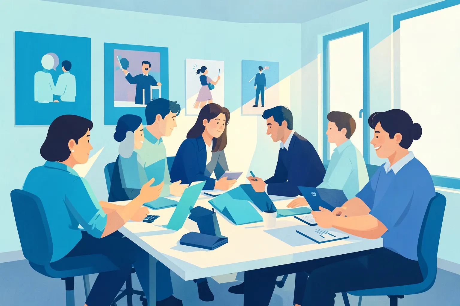 Equipe diversa colaborando em um escritório moderno com quadros inspiradores na parede