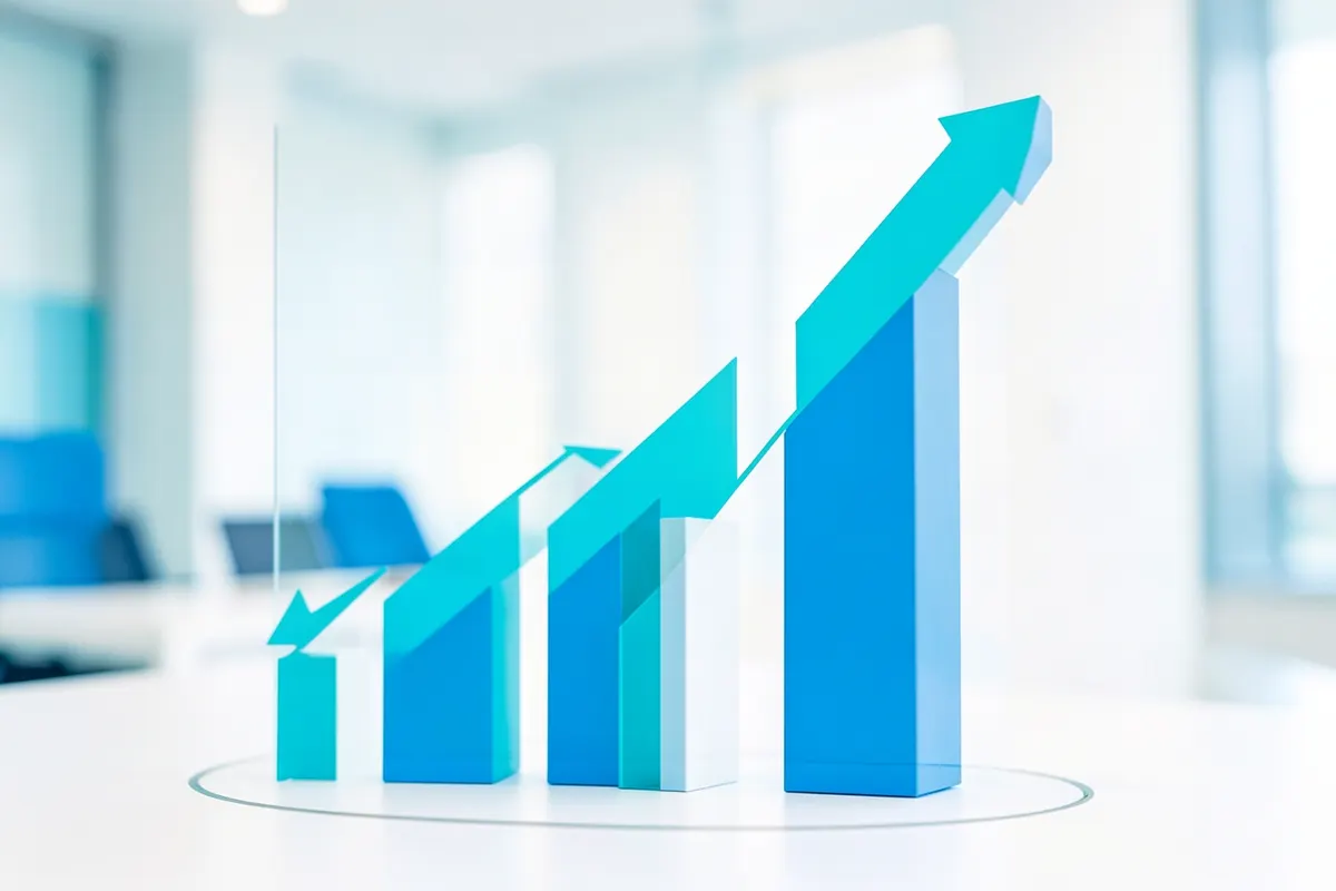 Gráfico de barras ascendente representando o crescimento financeiro e a otimização de custos.