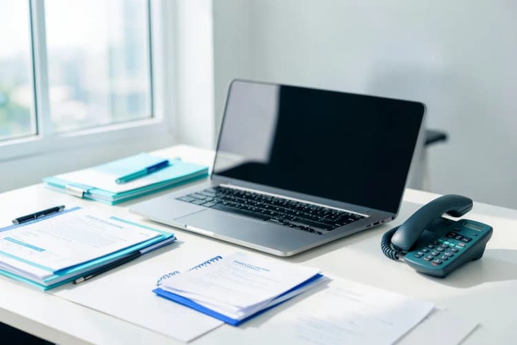 Mesa de escritório com documentos organizados, um laptop e um telefone, sugerindo um ambiente de trabalho eficiente.